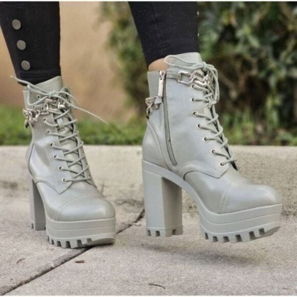 Women's Platform Heel Boots Chunky Ankle Lace Up Olive Color - Picture 2 of 6